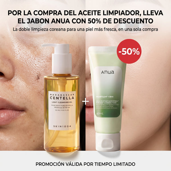Promo Doble Limpieza: Aceite SKIN1004 + Jabón Anua con 50% OFF