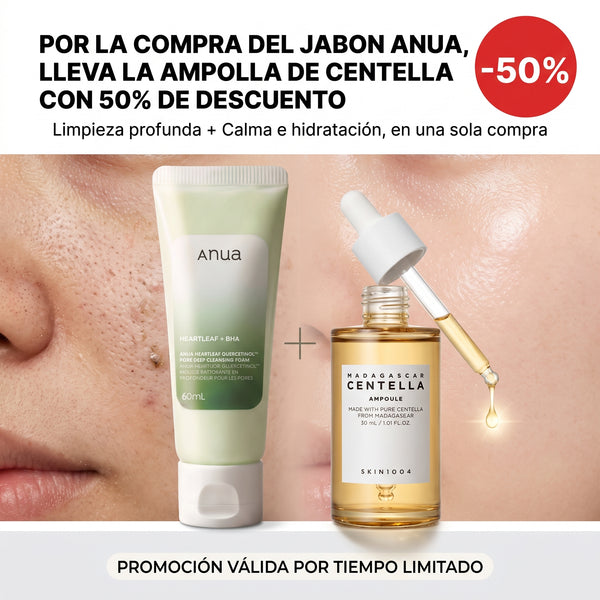Promo Anti-Poros & Calma: Jabón Anua + Ampolla Centella con 50% OFF